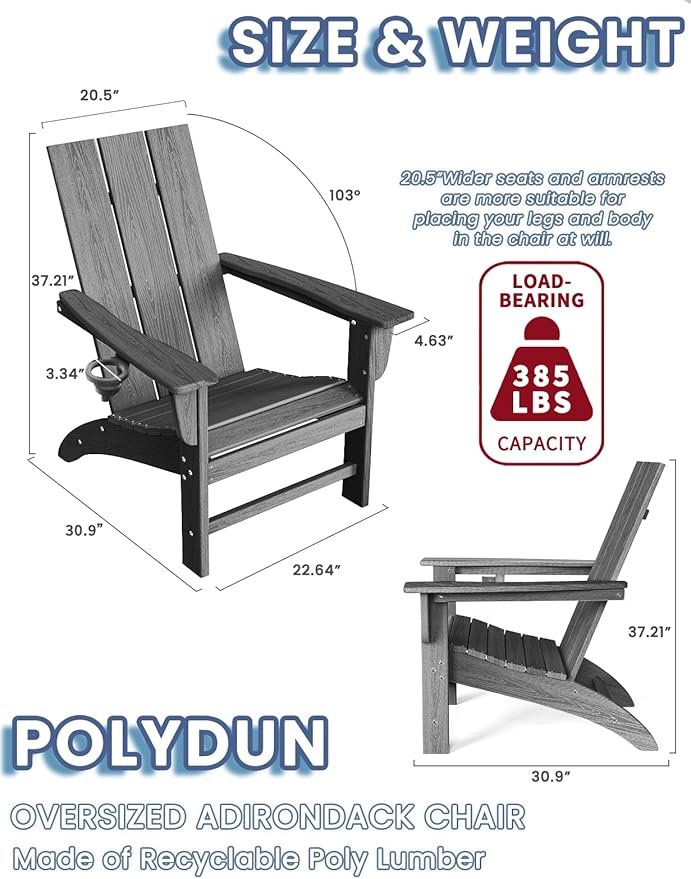 Modern Adirondack Chair with Cup Holder, HDPE Plastic Patio Chairs for All Weather, Fire Pit Chair, Outdoor Lawn Chairs for Deck, Porch, Backyard, Garden, Slate Gray