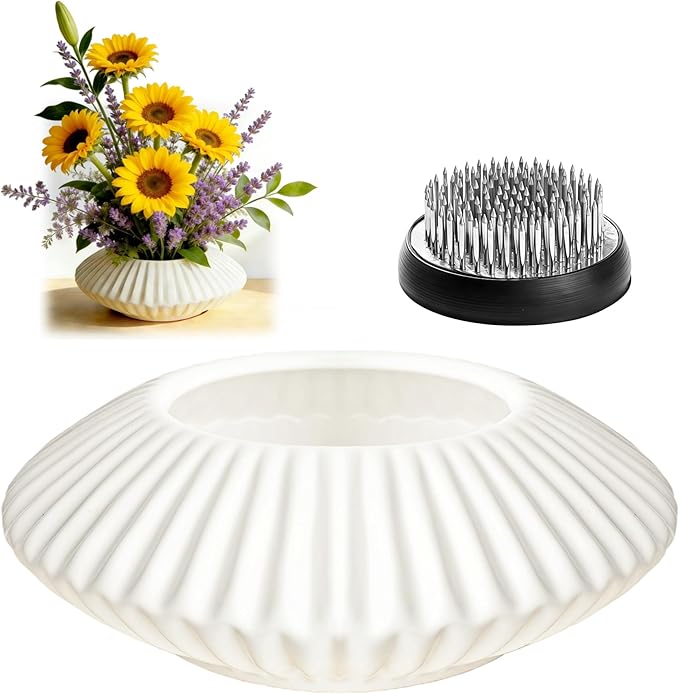 Ikebana Vase Kit, Flower Frog Container Ceramics Bowl with 2 inch Floral Frog Kenzan Minimalist Modern Table Decorative Bowl Flower Vase