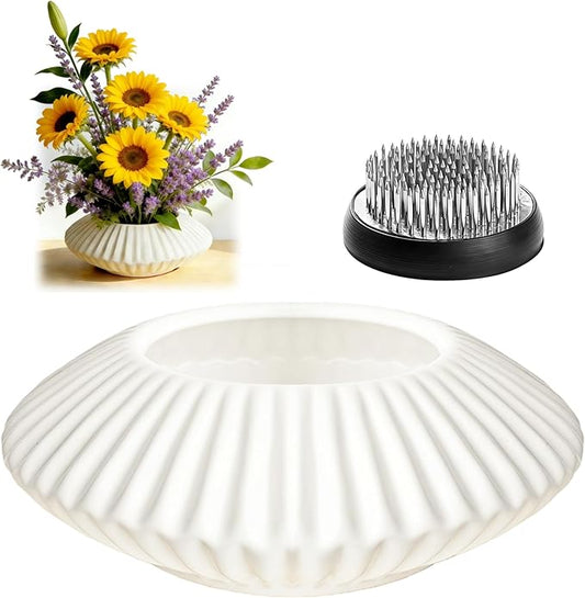 Ikebana Vase Kit, Flower Frog Container Ceramics Bowl with 2 inch Floral Frog Kenzan Minimalist Modern Table Decorative Bowl Flower Vase