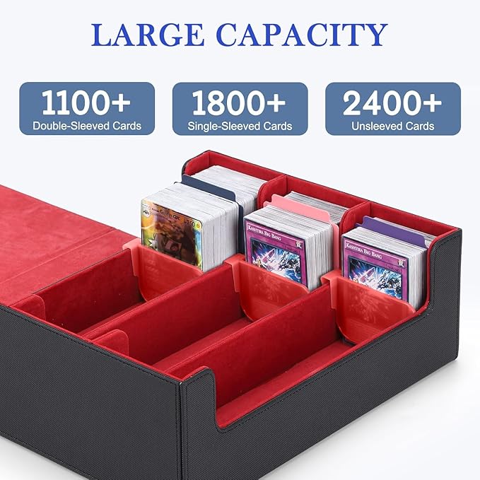 Card Deck Case for Trading Cards 1800+, Trading Card Storage Box with 8 Dividers and 3 Stoppers, Leather Magnetic Closure Deck Box Fit for YuGiOh, MTG and Sport Cards（red）