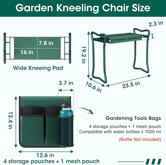 2-in-1 Garden Kneeler with Umbrella, Garden Kneeling Bench & Green Umbrella, Portable Garden Stool Loads Capacity 330lb and Garden Tools Bag with bottle holder, Gardening Gifts for Women,Men,Seniors