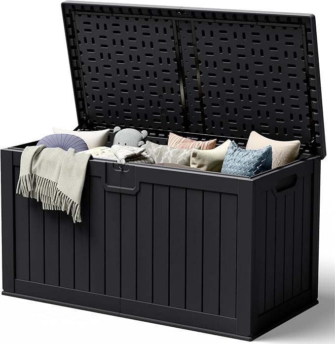 240 Gallon HDPE Deck Box Outdoor Indoor Waterproof Storage Box for Patio Furniture, Pool Accessories, Garden Tools, and Cushion Storage, Black