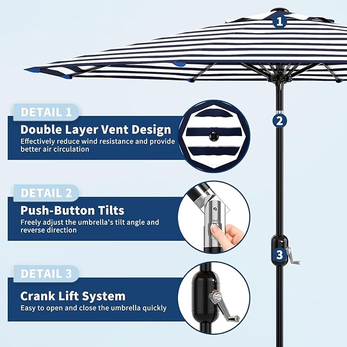 Garvee 9 ft Patio Umbrella - 8 Sturdy Ribs Outdoor Table Umbrella with Crank Lift & Push Button Tilt - Market Umbrella for Pool, Deck, Yard, Garden -Navy blue & White Stripe