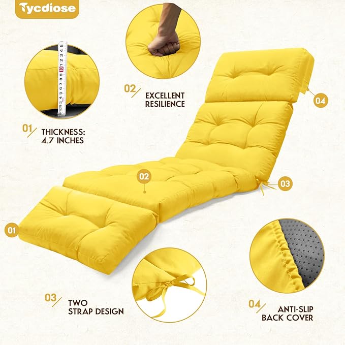 Waterproof Outdoor Chaise Lounge Chair Cushion 74.4 x 22 x 4.7 Inches Memory Foam Lounge Chair Cushions for Outdoor Furniture with Ties, Thickened Pool Chaise Lounge Chair Cushions, Yellow