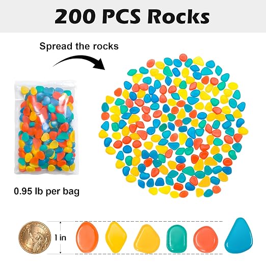 NAMTSO Glow in The Dark Rocks Outdoor, Solar Rocks for Landscaping, Outdoor Decor Glow in The Dark Stones, Glowing Pebbles for Garden Backyard Patio Lawn Fish Tank Aquarium Decor,200pcs Multi,0.6-1.1"