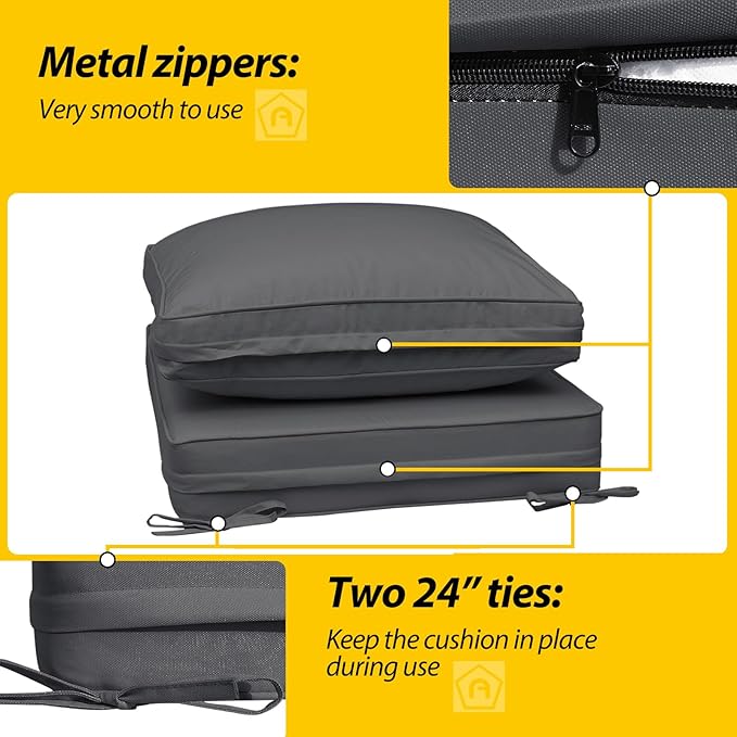 AAAAAcessories Outdoor Deep Seat Cushions with Double Welted Pillow, Waterproof, Fade-Resistant Patio Furniture Replacement Cushions, 24" x 24" x 5" + 24" x 19", Dark Gray