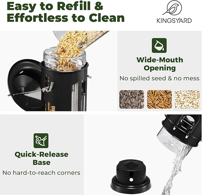 Kingsyard Squirrel Proof Bird Feeders with Weight-Activated Perches, Metal Wild Bird Feeder for Outdoors Hanging, 3 lb Large Seed Capacity, Black