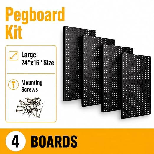 WallPeg Pegboard Kit - 4 Each 24"x16" Peg Board Panels - Made in USA - Mounted Size is 64" x 24" Pegboards Wall Organizer for Walls Home, Garage Tool Storage, Office Organization, Kitchen, Craft Room