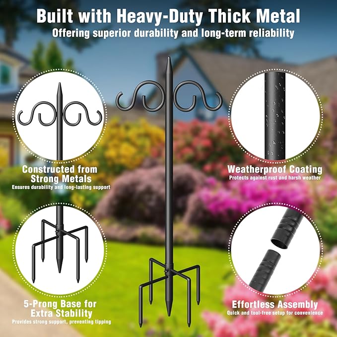 Double Shepherds Hooks for Outdoor, 76 Inch Heavy Duty Bird Feeder Pole with 5 Prongs Base, Adjustable Shepherds Hook for Bird Feeder, Garden, Weddings, Hanging Plant, 1 Pack