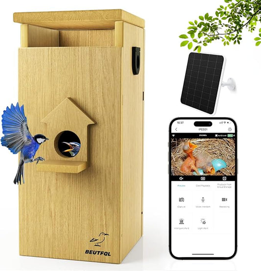 Bird House with Camera Solar Powered, 1080HD Live Video & Night Vision for 24/7 Nesting Recording, Auto Detect & Notify, Waterproof Bamboo,smart Bird House Camera for Backyard Birdwatching