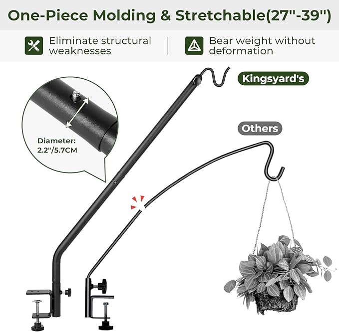 Kingsyard 2 Pack Heavy Duty Deck Hook, 27"-39" Adjustable Metal Deck Railing Hooks for Hanging Bird Feeders, Planters, Suet Baskets, Lanterns, Wind Chimes, Clamp Mounted
