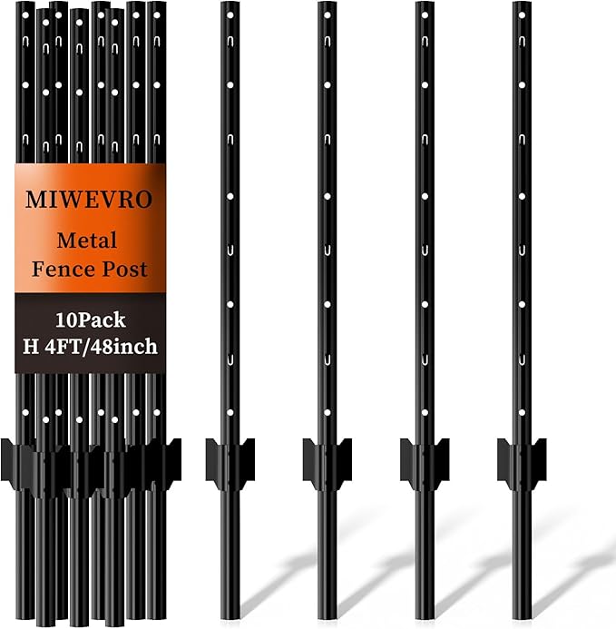 10 Pack Metal Garden Fence Posts 4 FT Black – Heavy Duty U-Post for Wire Fencing, No-Dig Fence Stakes for Temporary Fencing, Corner Anchor Posts, Rustproof Powder-Coated Steel for Farm, Yard & Garden