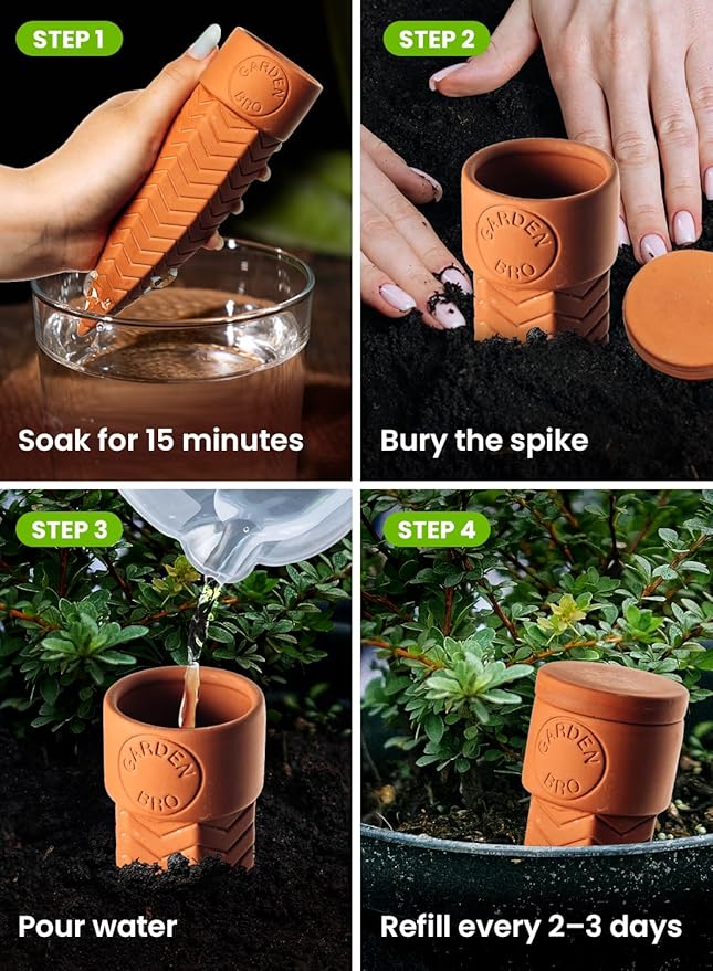 4pc Olla Watering Spikes For Plant Watering With Lids - Automatic Terracotta Self Watering Spikes For Indoor Plants & Outdoor - Terracotta Watering Spikes For 8" Pots Or Larger Water Plants While Away