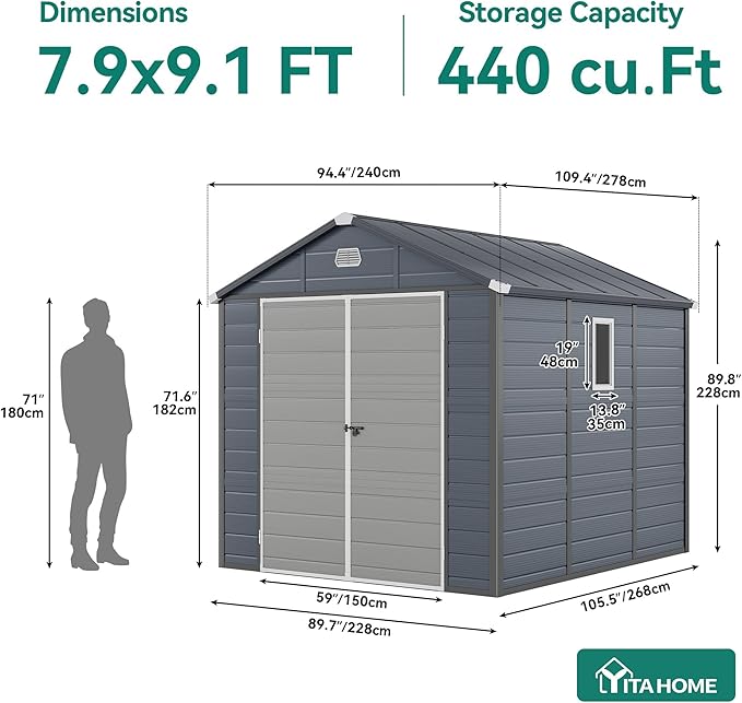 YITAHOME 8x9FT Resin Storage Unit sans Flooring, All-Weather Plastic Shed with Window, Vents and Secured Doors, Outdoor Plastic Tool Cabin for Poolside, Lawn, Backyard, Patio, Dark Gray