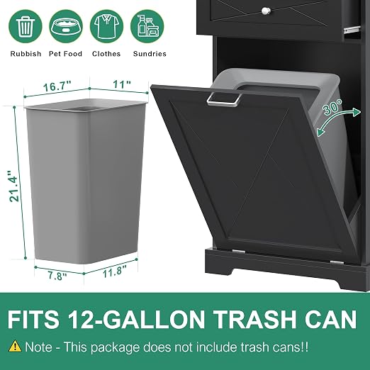 kepptory Tilt Out Trash Can Cabinet, 12 Gallon Farmhouse Laundry Hamper Cabinet with Drawer, Hidden Wooden Trash Garbage Can Bin with Storage Basket for Kitchen, Living Room (Black)