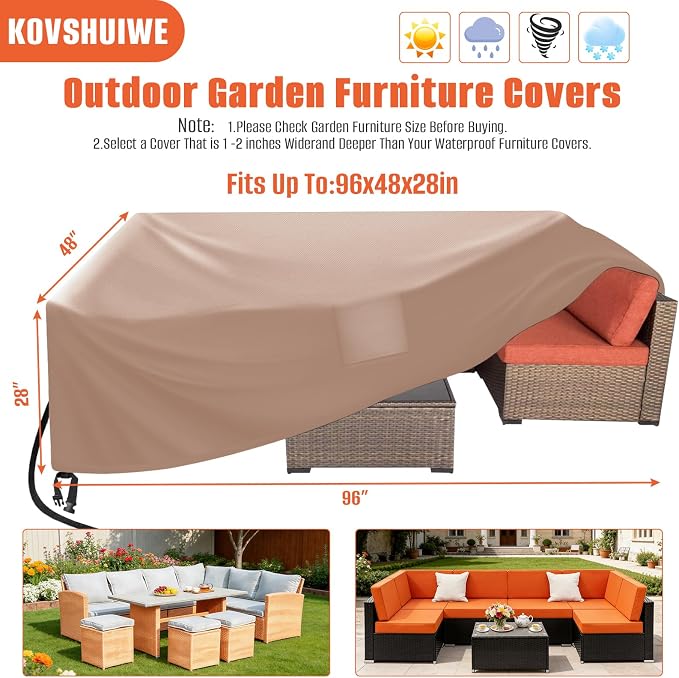 Rectangular Patio Table Cover, 96"Lx48"Wx28"H, 600D Waterproof, Khaki | Kovshuiwe Garden Furniture Covers for Shade and Rain Protection Fits Outdoor Dining Table and Chairs Furniture