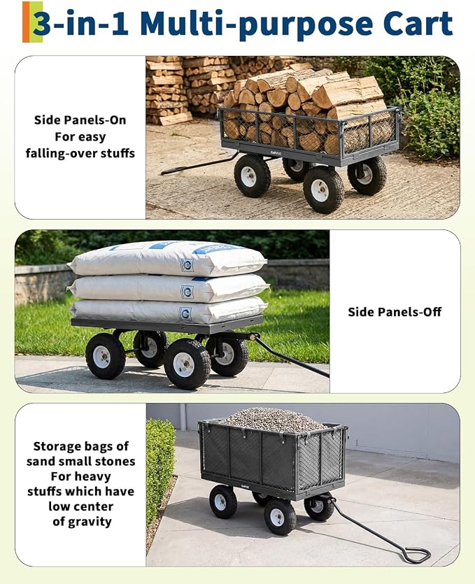 Garvee Versatile Outdoor Utility Cart-800LBS Heavy-Duty, 10" All-Terrain Pneumatic Tires, Easy Maneuverable Lawn Cart with Removable Mesh Panels for Gardening&Landscaping, Grey, with Waterproof Liner