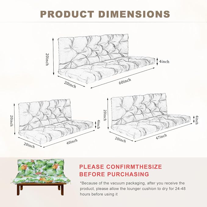 Porch Swing Cushion with Backrest,Waterproof Bench Cushion for Outdoor Furniture,2-3 Seater Replacement Thickened Swing Cushion with Ties,Patio,Outdoor,Backyard and Garden (Tropical Pineapple,40x40")