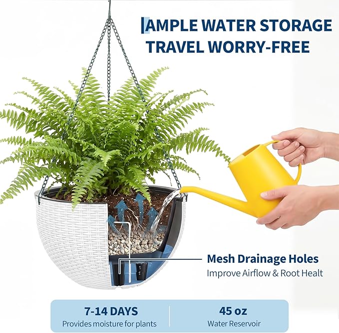 13.8 Inch Self Watering Hanging Planter, 2PCS Round Resin Hanging Basket for Indoor Outdoor Plants, Rattan Look Flower Pot with Drainage Plug, Deep Inner Pot and Sturdy Metal Triple-Chain Hanger