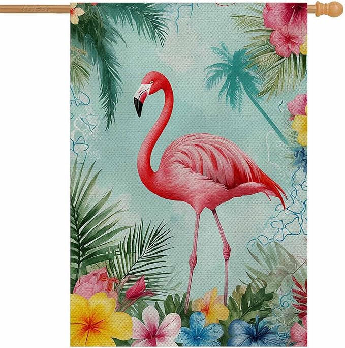 AOYEGO Pink Flamingo House Flag 28 x 40 Inch Large Vertical Double Sided Summer Fresh Palm Trees Background Watercolor Flowers Seasonal Outside Décor for Garden Yard Farmhouse Flags