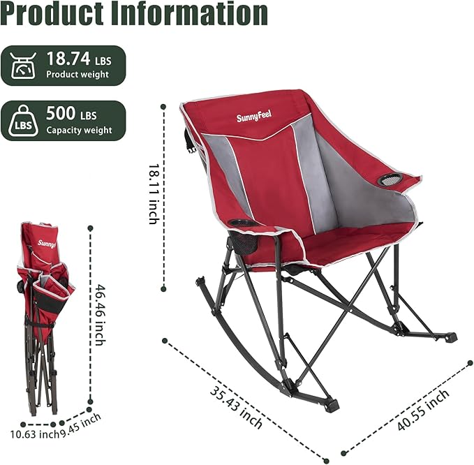 SUNNYFEEL Oversized Folding Rocking Camping Chair 2 Pack Fully Padded Patio Chair Red Portable Outdoor Rocker High Back Portable Lawn Recliner with Side Pocket Camp Rocker Chairs Heavy Duty 500 LBS