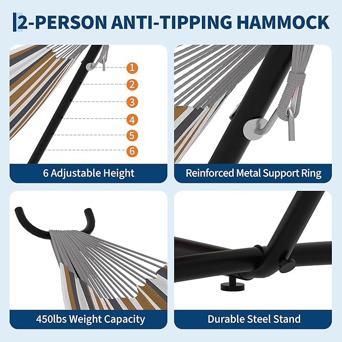 Garvee 2 Person Hammocks with Stand for Outside, Double Hammocks Portable Space Saving Heavy-Duty Steel Stand for Indoor Outdoor Patio with Carrying Bag, 450 lbs Capacity