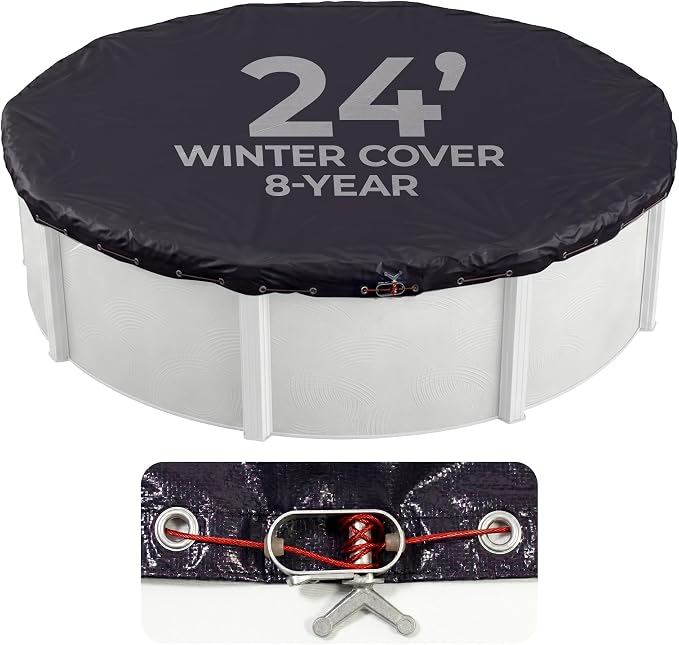 Blue Wave 8-Year 24-ft Round Above Ground Pool Winter Cover | Solid polyethylene, heat-sealed seams, underside, cable, winch, grommets, 4-ft overlap, 8-yr support, blocks debris & snow