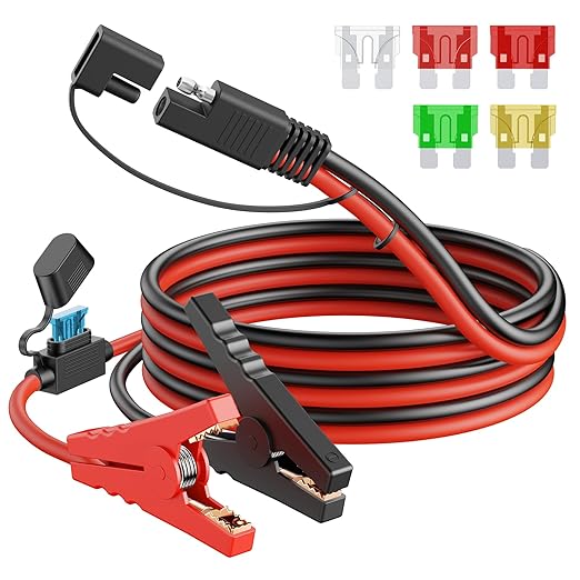 CASMAN 10FT SAE to Battery Alligator Clips Cable,12V SAE 2Pin Quick Disconnect Crocodile Cable with 15A Fuse for Solar Power, BatteryMotorcycleCarRVTruckWater Resistant (10AWG 3.3FT)