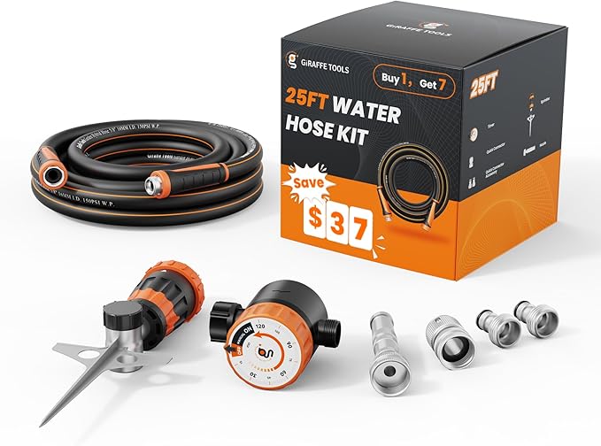 Giraffe Tools Garden Hose 5/8", Water Hose Heavy Duty, Flexible, Lightweight Hybrid Hose with Swivel Handle, with Water Timer Nozzle and Yard Sprinkler, 25ft Male to Female Fittings, Burst 600 PSI