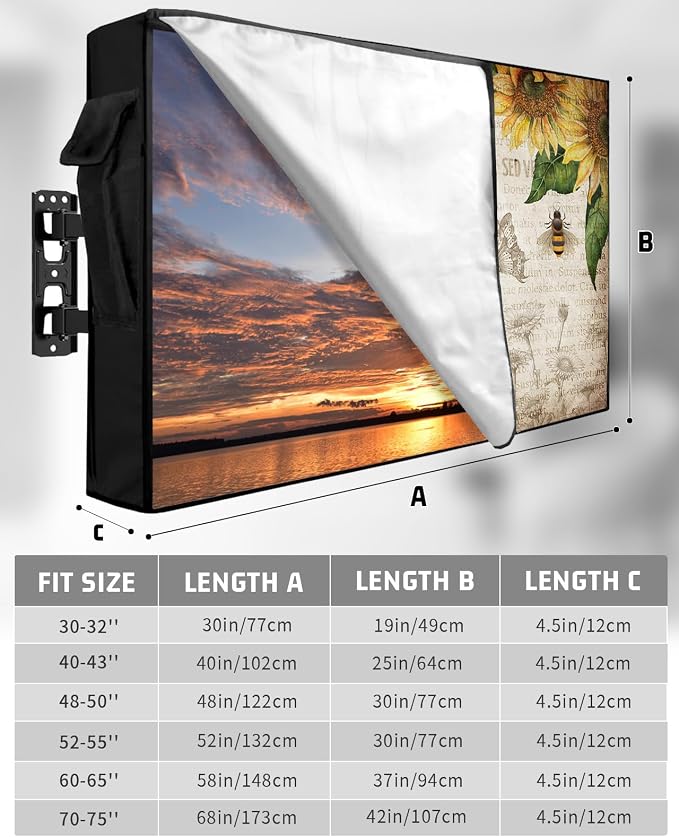 Retro Farmhouse Outdoor TV Cover Fit 40-43" Size, Weatherproof, Waterproof Oxford Cloth TV Enclosure with Sunflowers & Honey Bee Vintage Background