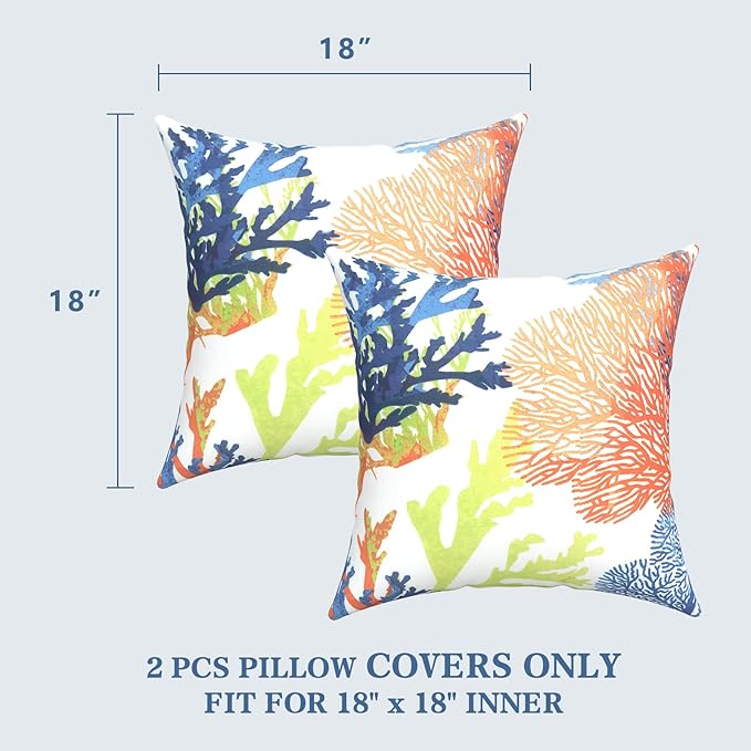 LVTXIII 2 Pack Outdoor Pillow Covers ONLY 18x18 Inch, Water-Repellent Square Decorative Cushion Covers for Patio Furniture, Garden, Sofa, Coral Multi