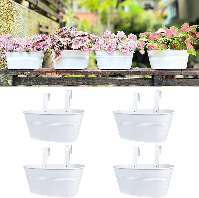 Maxona Metal Iron Hanging Flower Pots, 4 Pack, 11.8 Inch Oval White Railing Fence Hanging Bucket Pots Countryside Style Window Flower Plant Holder with Detachable Hooks Home Décor