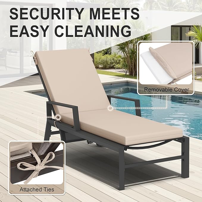 Crestlive Outdoor Chaise Lounge Cushions, 3 Years Fade Resistant Water Resistant Lounge Chair Cushion, 72''L x 21''W, Set of 2, Beige