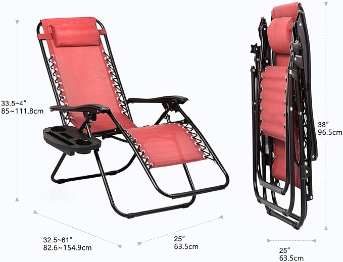 Nazhura Set of 2 Relaxing Recliners Patio Chairs Adjustable Steel Mesh Zero Gravity Lounge Chair Beach Chairs with Pillow and Cup Holder Khaki (Pink)