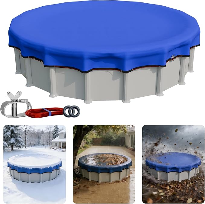 [Ultra Thick] 30FT Round Winter Pool Covers for Above Ground Pool Covers Easy Install 195GSM 500D,UV & Tear Resistant, Upgraded Heavy-Duty Winch, Reinforced Edges,Extra 4Ft Overlap