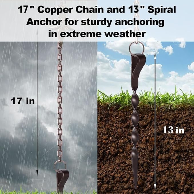 Rain Chain Anchor Stake for Copper Gutter Chains, 30'' Powder Coated Iron Downspout Chains Anchoring, Universal Fit Outside Rain Catcher System Accessories, Replacement for Basin and Barrel in Summer.