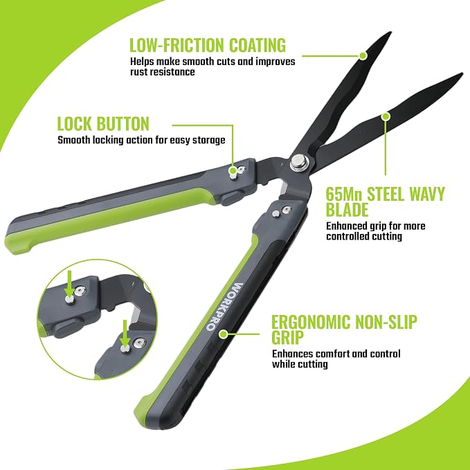 WORKPRO 23" Hedge Shears, Foldable Hedge Clippers with High-Carbon Steel, Manual Hedge Trimmers with Wavy Blades & Ergonomic Handle, Garden Shears for Hedges, Shrubs, Boxwood, Dense Garden Growth