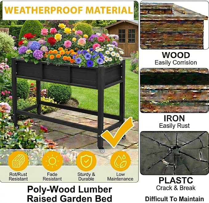 DWVO Raised Garden Bed HDPE with Wheels 47x18x31in Weather-Resistant Poly Wood Raised Planter Box Outdoor with Legs, Elevated Planter Box for Patio Balcony Backyard, Black