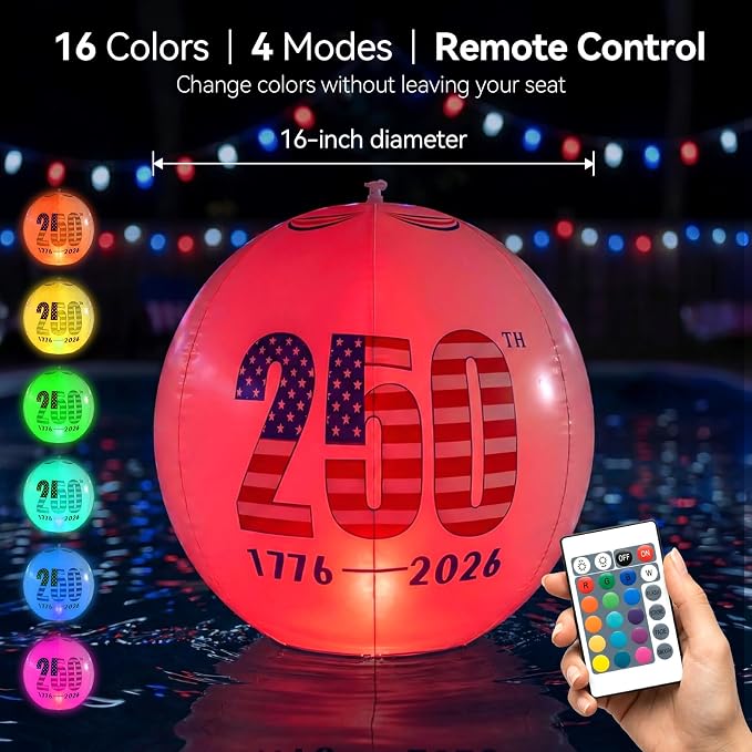 Avatar Controls 4th of July Solar Floating Pool Lights, 16" 4-Pack USA 250th Anniversary Inflatable Balls - Remote 12 Colors, IP68 Waterproof Outdoor Decor for Independence Day & Summer Pool Parties