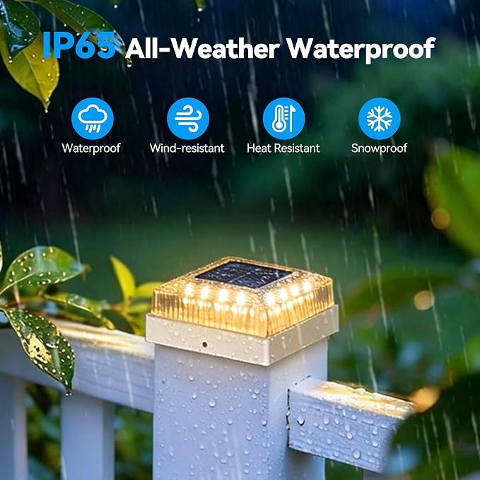 Solar Post Cap Lights, 6-Pack Fence Post Solar Lights for 4x4 Wood/Vinyl Posts, IP65 Waterproof, 10-12 Hours of Illumination with 3 Lighting Modes for Garden/Patio/Porch - White