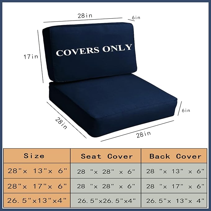 Sqodok Patio Cushion Covers Replacement, Deep Seat Patio Cushions Cover Set of 4, Waterproof Seat and Back Cushions Cover for Outdoor Furniture Chair, Sofa, Couch(Dark Blue,28"x28"x6"+28"x17"x6")