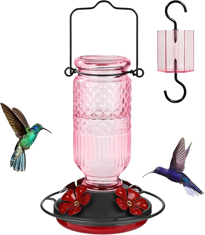 FEED GARDEN Glass Hummingbird Feeder for Outdoors, 16oz with Ant Moat, 4 Bee-Proof Ports, Leak-Proof, Easy to Clean, Pink