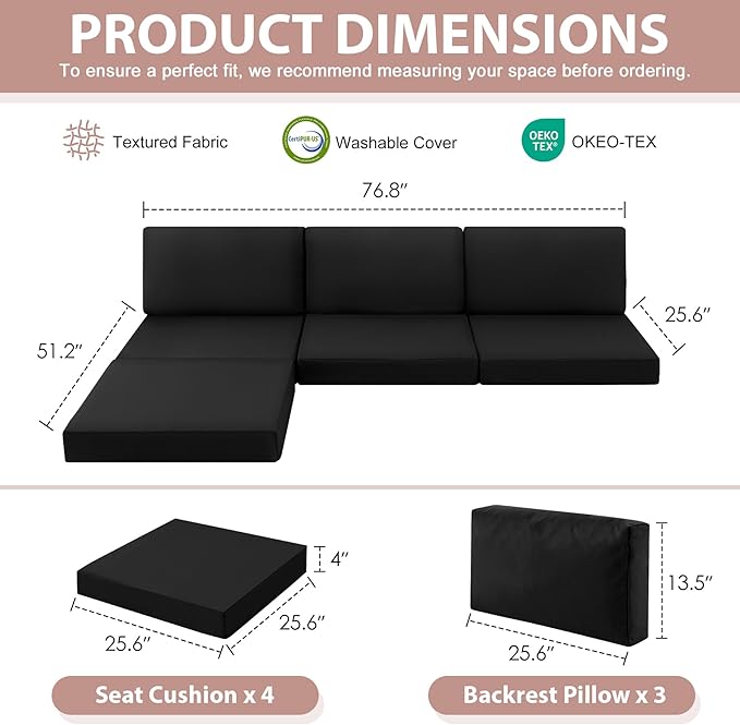 7-Piece Patio Furniture Cushions Set, Replacement Outdoor Cushions for 4-Seat Patio Sectional, Waterproof & Fade Resistant Deep Seat Cushion for Outdoor Sofa, Black