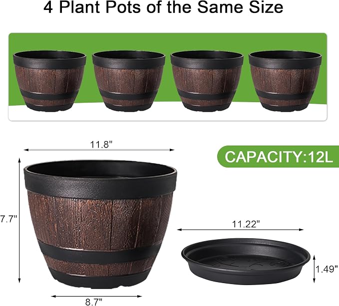 VECELO Plant Pots with Drainage Holes & Saucer, 11.3 Inch Flower Pots with Tray, 4 Pack Plastic Whiskey Barrel Planters for Indoor & Outdoor Garden Home Plants and Flowers