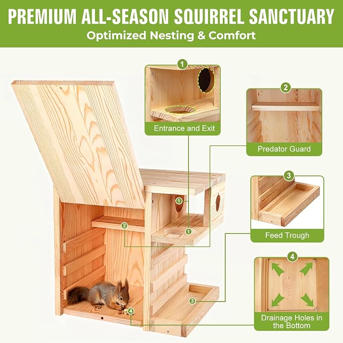 Extra Large Wooden Squirrel House Feeder Outdoor Heavy Duty Nesting Box | Solid pine 16lbs wildlife shelter with internal feeding platform. Flips open; features a predator guard & ladders.