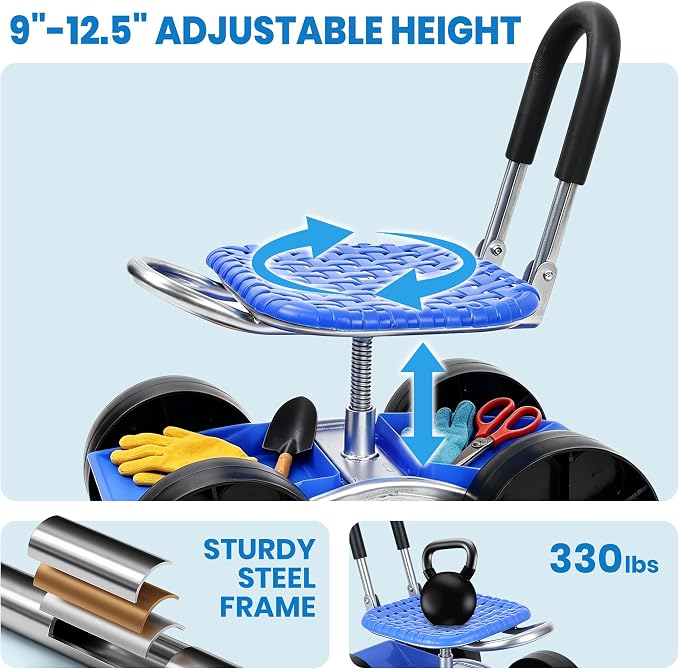 Rolling Garden Cart with 360° Swivel Seat, Garden Stool with Under-Seat Tray, 6” All-terrain Wheels, Height Adjustment, Use for Patio, Yard, and Outdoors, Gardening Gifts for Women, Parents, Seniors