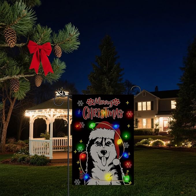 Christmas Dog Garden Flag - Led Husky Christmas Decor for Outside, Welcome Garden Flags Double-Sided Flag for Seasonal Christmas Winter Farmhouse Yard Lawn Decoration Gifts 12x18 inches