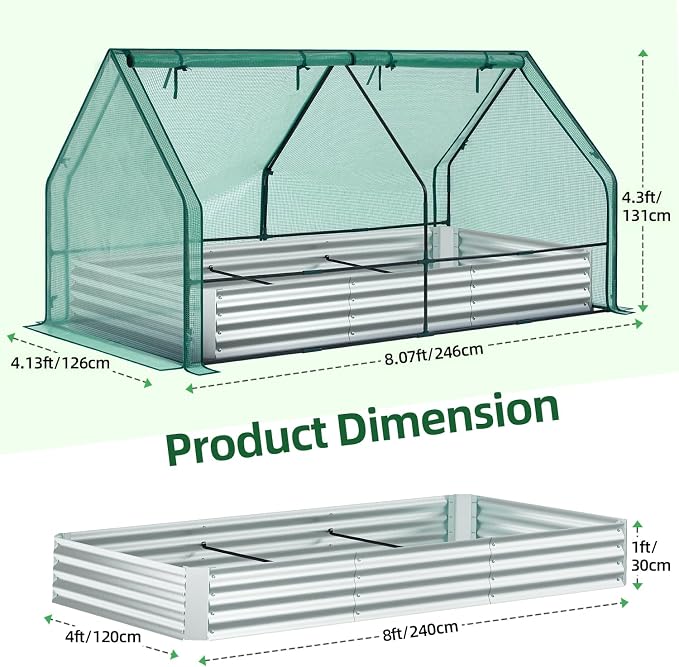 Ohuhu Raised Garden Bed with Cover Outdoor, 8x4x1 FT Galvanized Metal Planter Box with PE Greenhouse Cover, 4 Doors for Ventilation, 3-in-1 Gardening Set for Vegetable Flower Herb Succulent