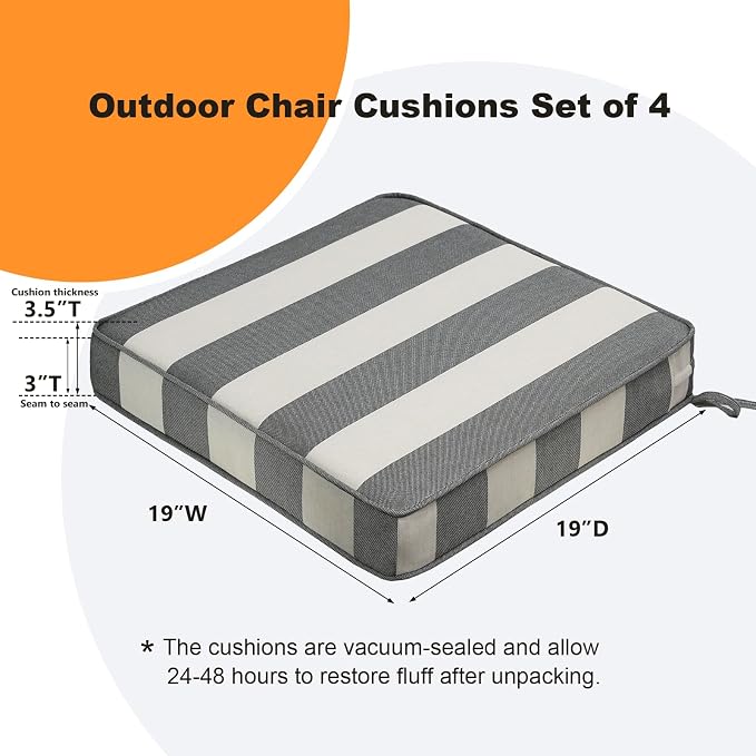 Unimatta Square Corner Seat Cushions, 19" x 19" x 3", Set of 4, Indoor Outdoor Water Repellent Universal Chair Pads with Ties for Patio Furniture, Garden Deck Dining Chairs, Gray Stripe