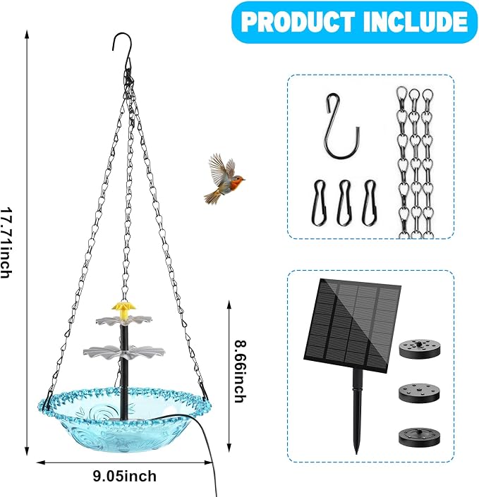 Hanging Solar Bird Bath Fountain, 3 Layers Outdoor Cascading Bird Bath with Solar Pump, 3 Nozzles & Blue Glear Bowl, Attracts Wild Birds for Garden, Backyard, Pergola